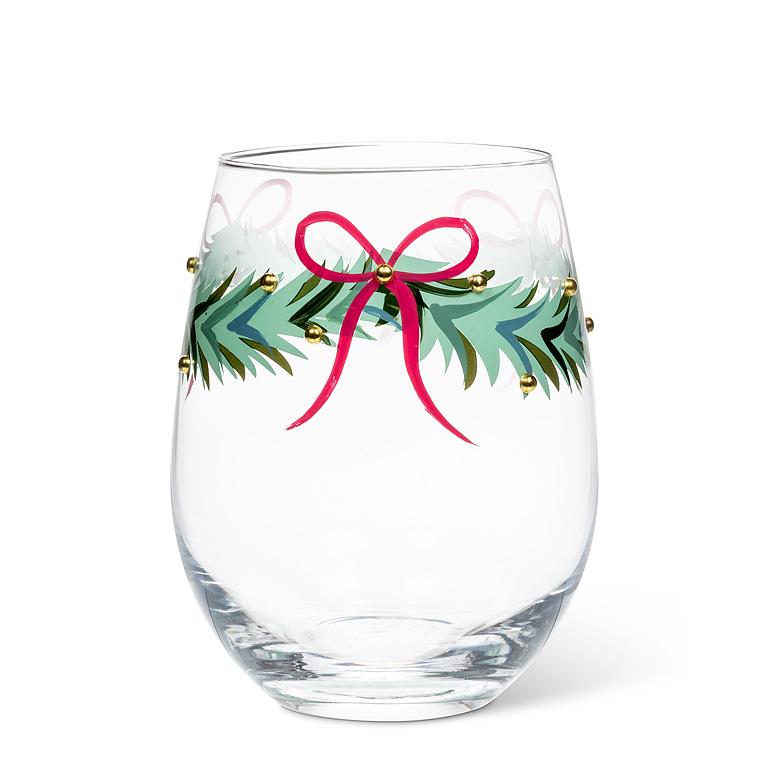 ABBOTT - WREATH W/RIBBON & BEADS STEMLESS WINE GLASS-4.5"H(18OZ)