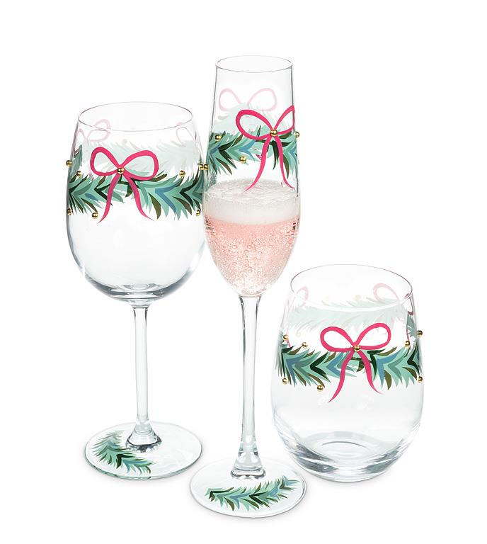 ABBOTT - WREATH W/RIBBON & BEADS STEMLESS WINE GLASS-4.5"H(18OZ)