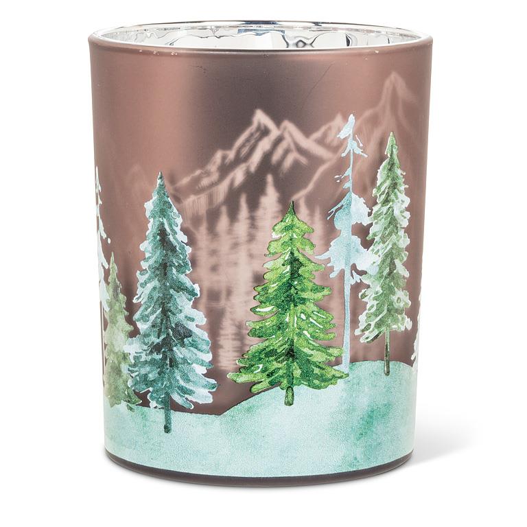 ABBOTT - MD FROSTED TREES CANDLE HOLDER-GRN/BRN-5"H