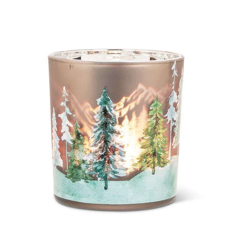 ABBOTT - SM FROSTED TREES VOTIVE-GRN/BRN-3"H