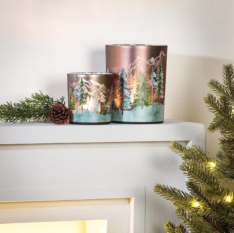 ABBOTT - SM FROSTED TREES VOTIVE-GRN/BRN-3"H