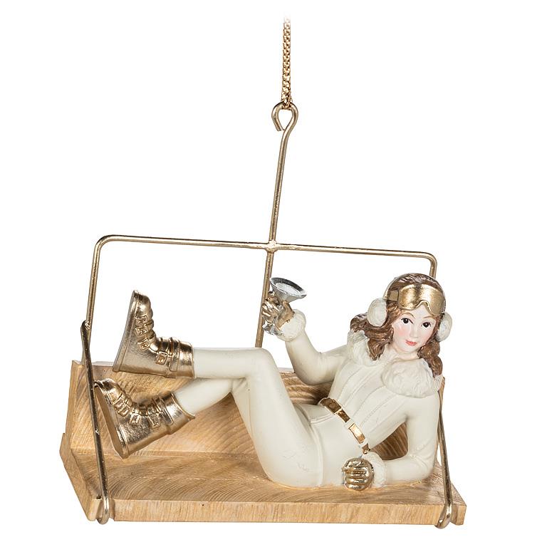 ABBOTT - SKIER GAL ON LIFT ORNAMENT -4"H