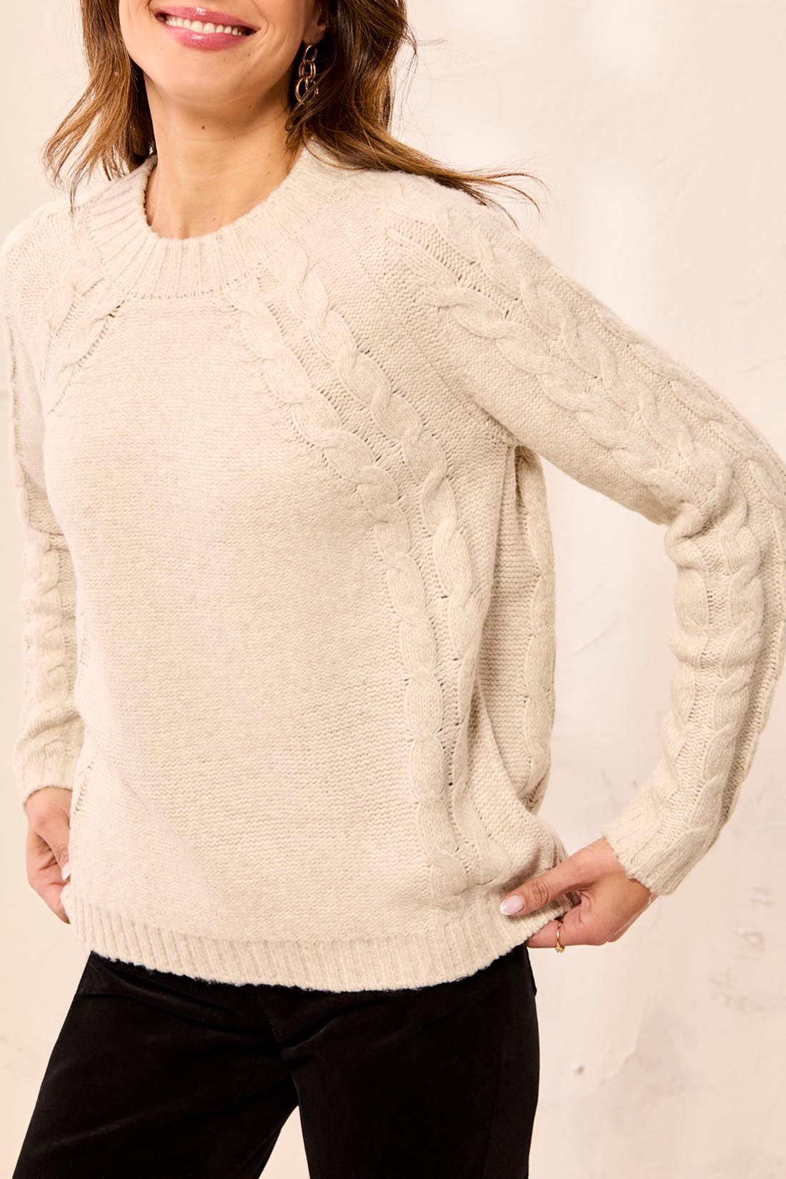 TRIBAL - L/S CREW NK SWEATER W/ CABLES DTL-MOONSTONE
