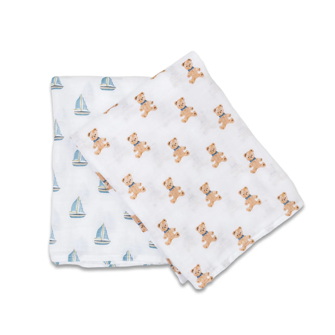 LULUJO - 2PK SWADDLE VINTAGE BEAR/SAILBOAT