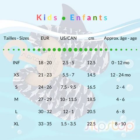 Slipstop- Enfant/ Kids water shoes size chart