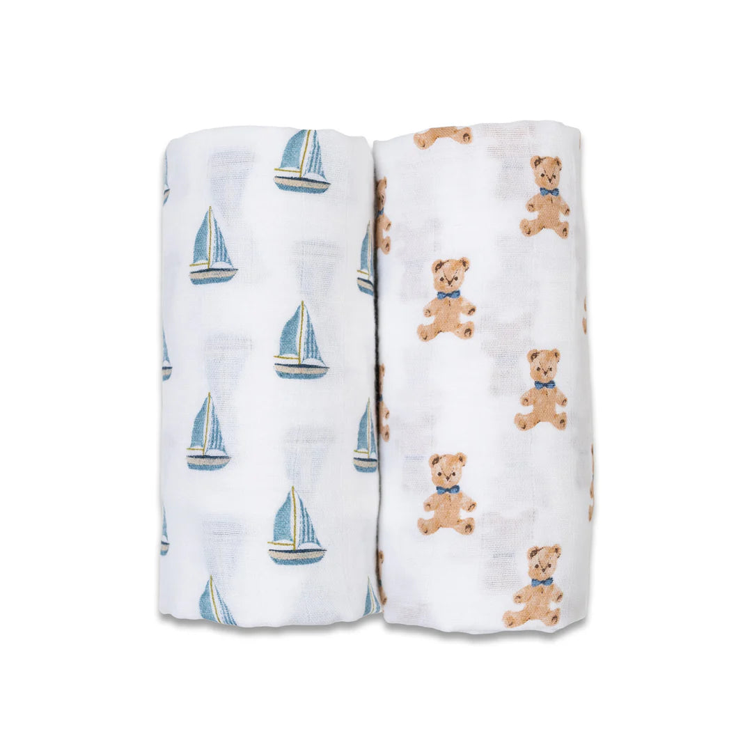 LULUJO - 2PK SWADDLE VINTAGE BEAR/SAILBOAT