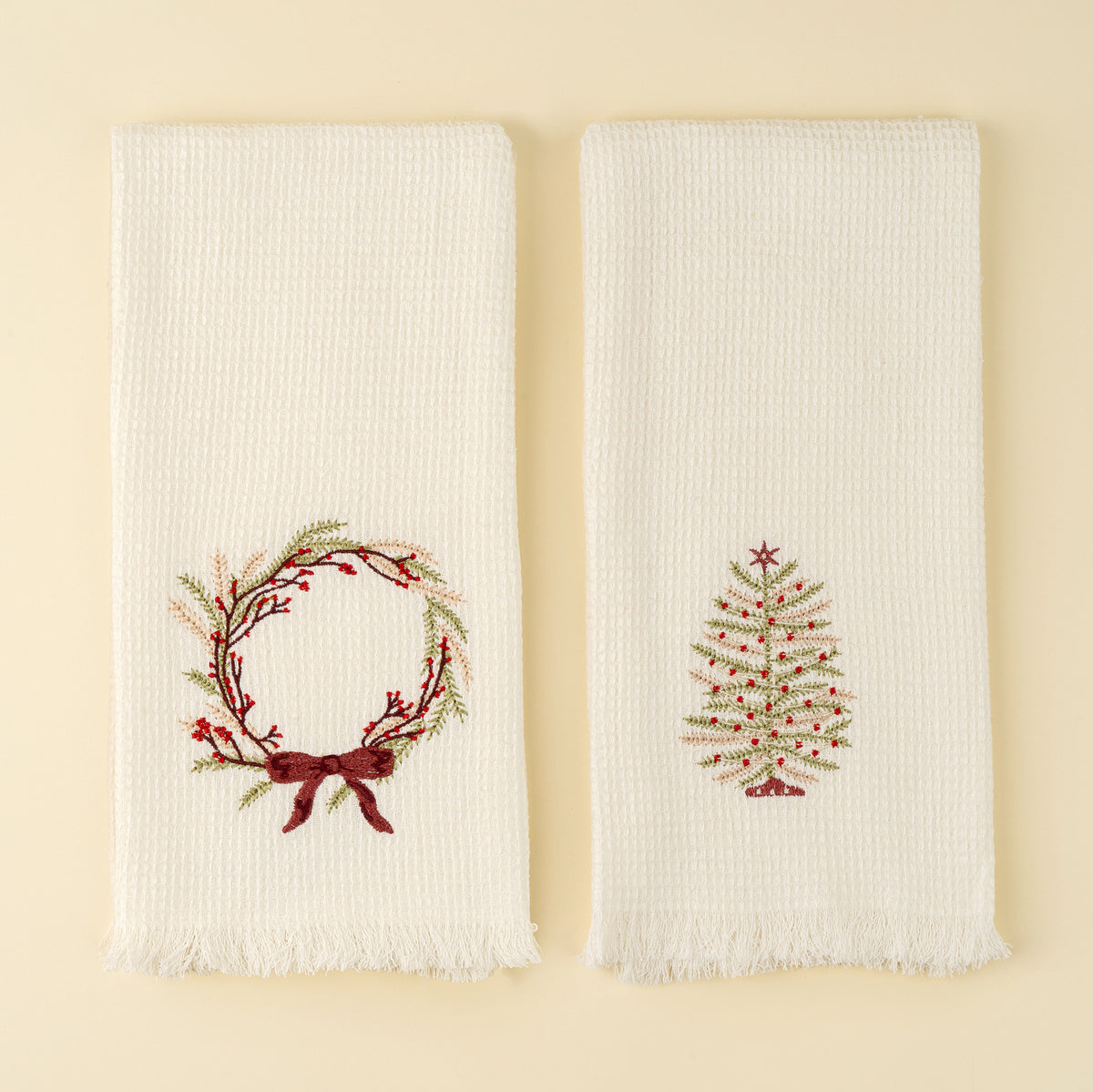 INDABA - EMBROIDERED TREE/WREATH WAFFLE HAND TOWELS S/2
