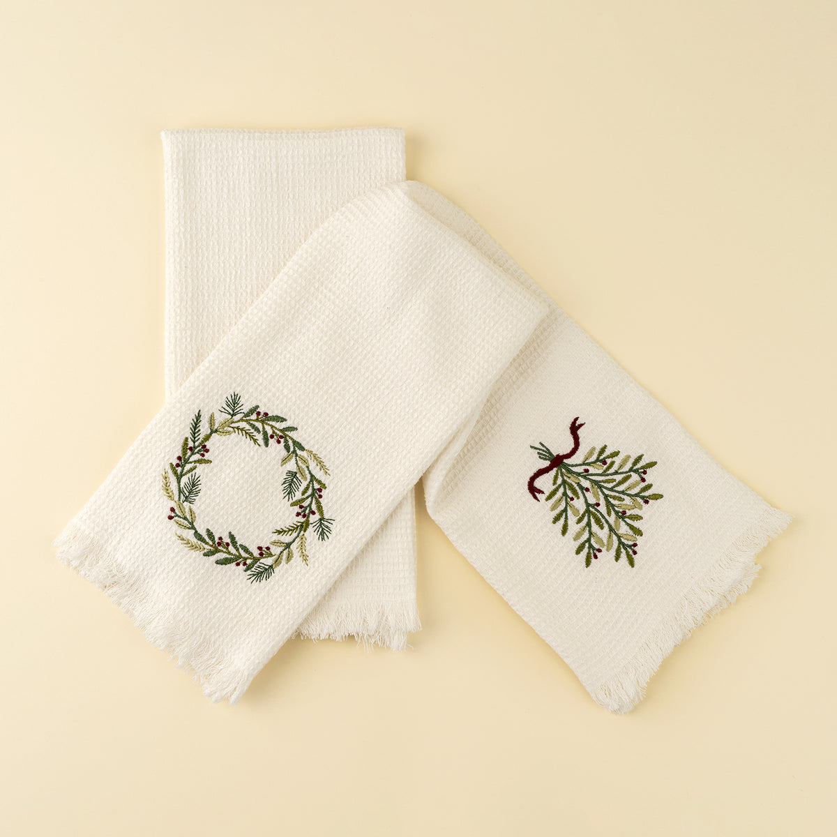 INDABA - EMBROIDERED WREATH/MISTLETOE WAFFLE HAND TOWELS S/2