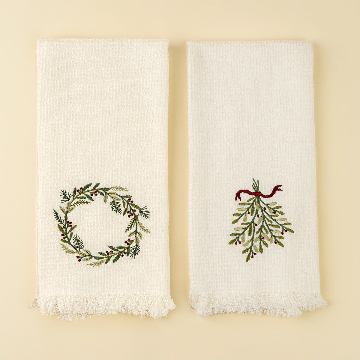 INDABA - EMBROIDERED WREATH/MISTLETOE WAFFLE HAND TOWELS S/2