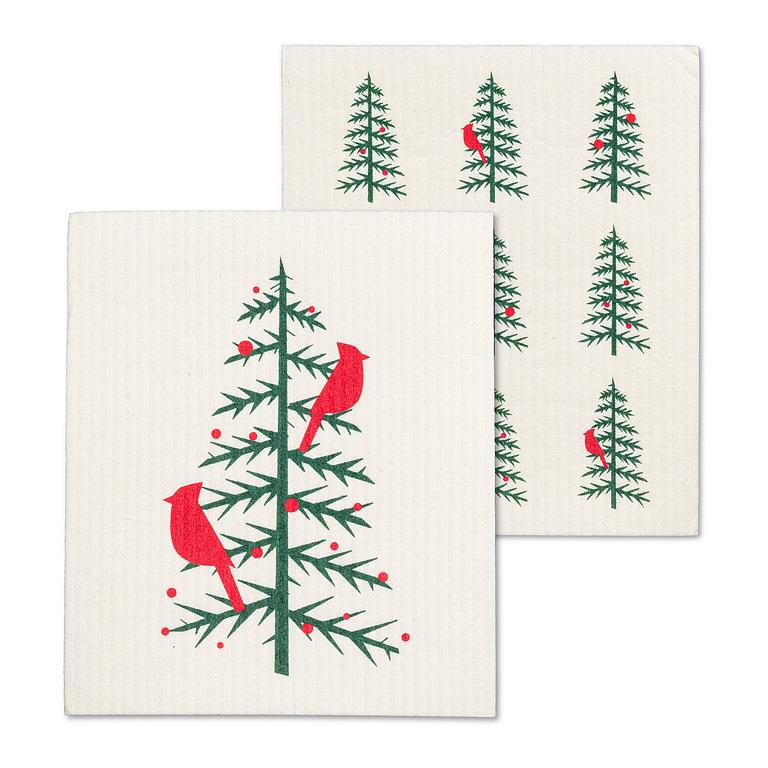 ABBOTT - S/2 CARDINALS IN TREE DISHCLOTHS-6.5X8"L