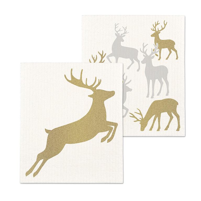 ABBOTT - S/2 GLITTER REINDEER DISHCLOTHS-6.5X8"L