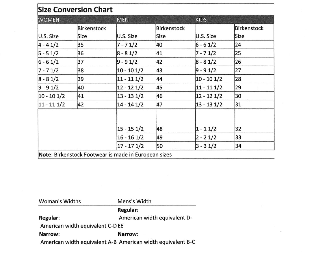 Birkenstock size chart for adults and kid's