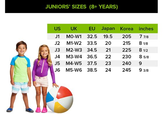 Crocs size chart for kids. Size J1 to J6.