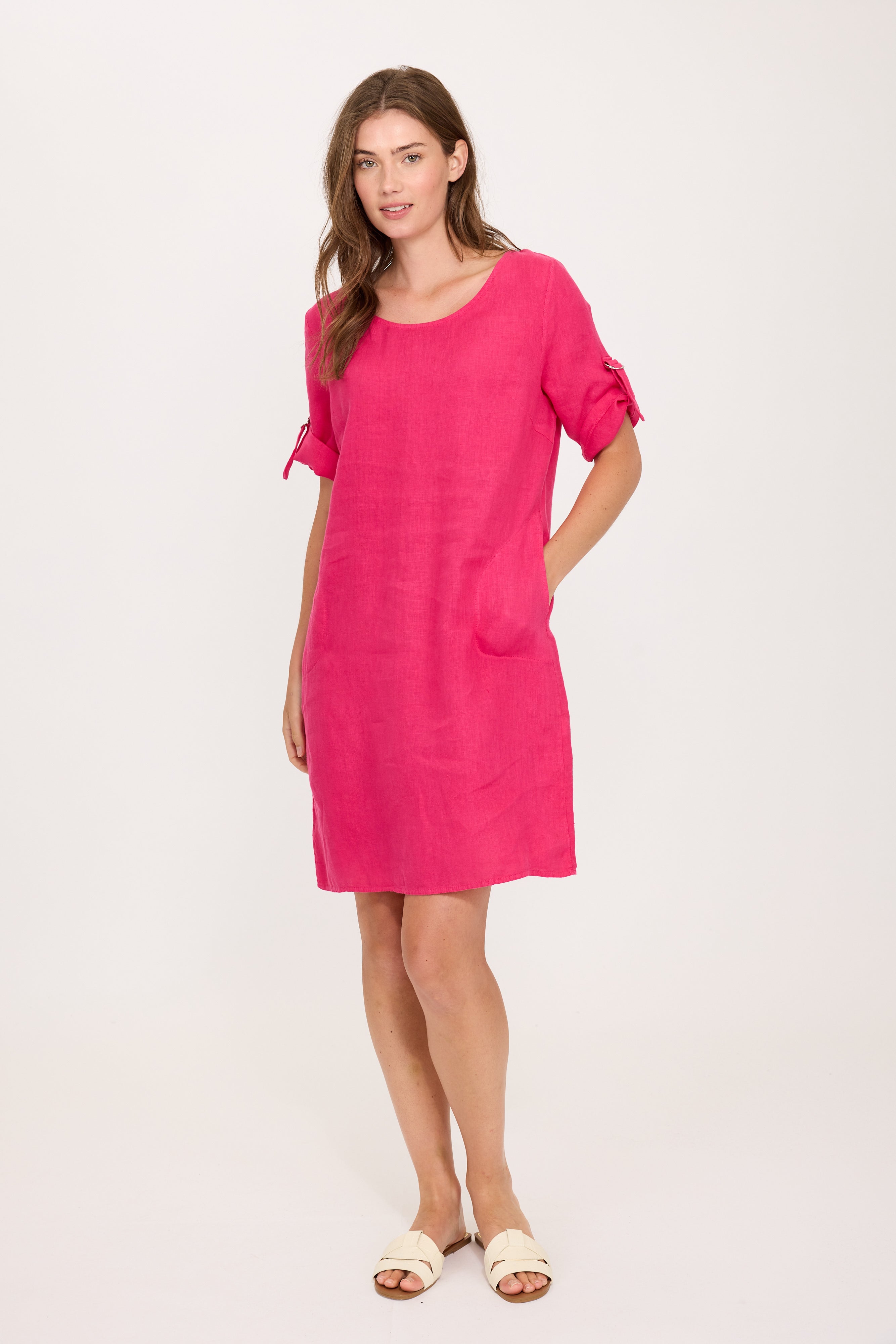 PISTACHE  - LINEN DRESS W/ ROLL-UP CLASP SLEEVES E-25064