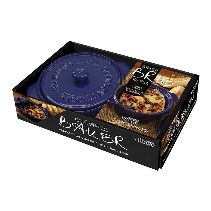 GOURMET DU VILLAGE- NAVY BLUE CERAMIC BAKER GIFT SET WITH CHERRY WALNUT BRIE TOPPING