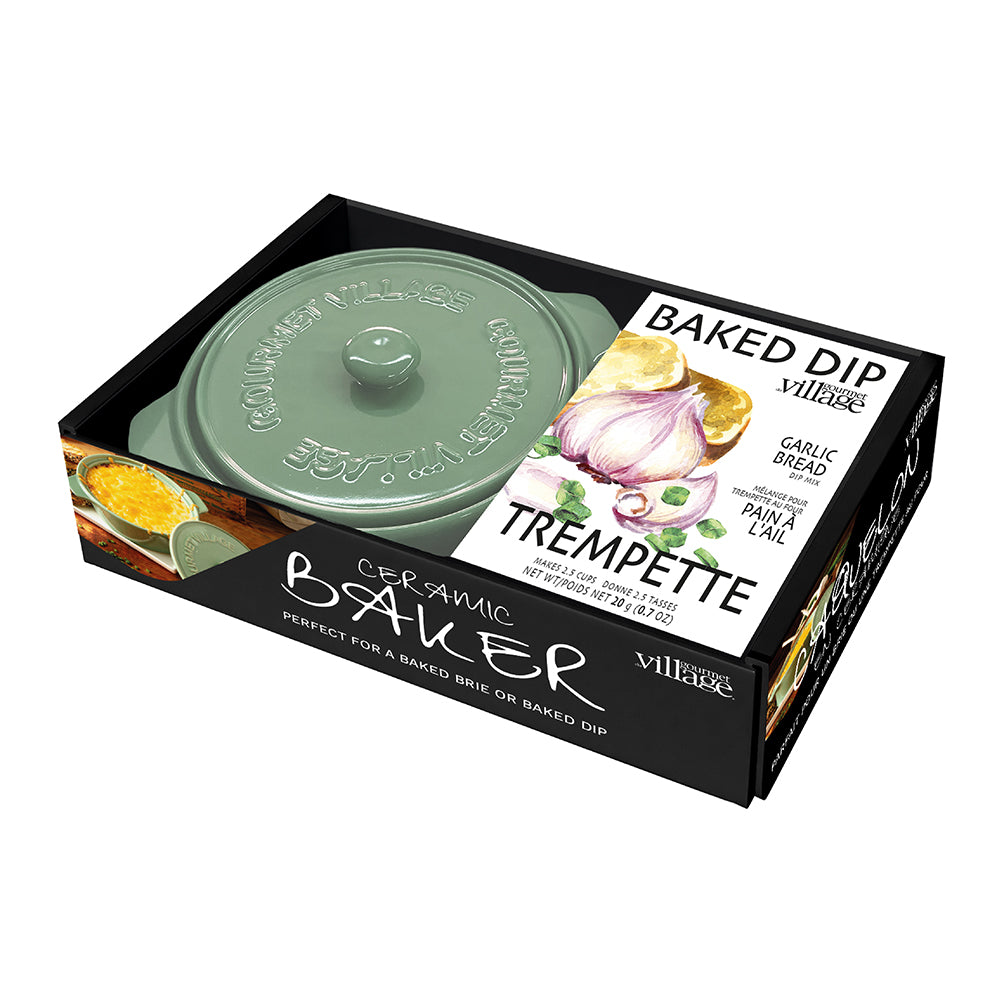 GOURMET DU VILLAGE- SAGE GREEN CERAMIC BAKER GIFT SET WITH GARLIC BREAD DIP