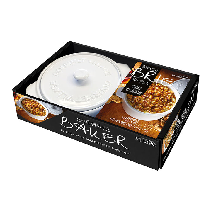 GOURMET DU VILLAGE- WHITE CERAMIC BAKER GIFT SET WITH MAPLE WALNUT BRIE TOPPING