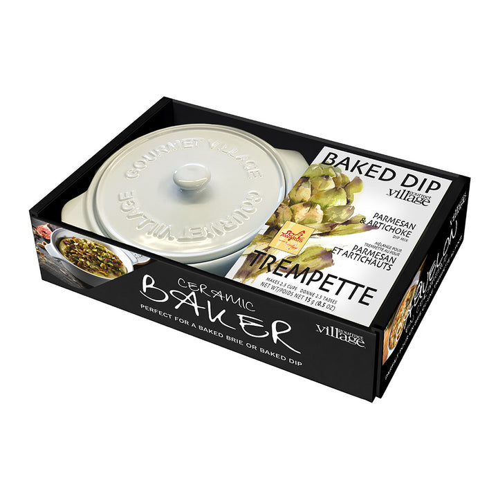 GOURMET DU VILLAGE- WHITE CERAMIC BAKER GIFT SET WITH PARMESAN & ARTICHOKE DIP