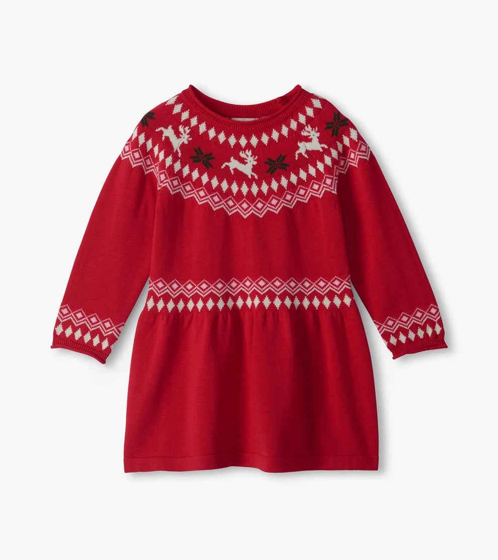 HATLEY - GIRLS RED REINDEER FAIR ISLE FLARED SWEATER DRESS
