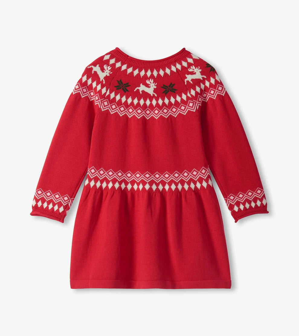 HATLEY - GIRLS RED REINDEER FAIR ISLE FLARED SWEATER DRESS