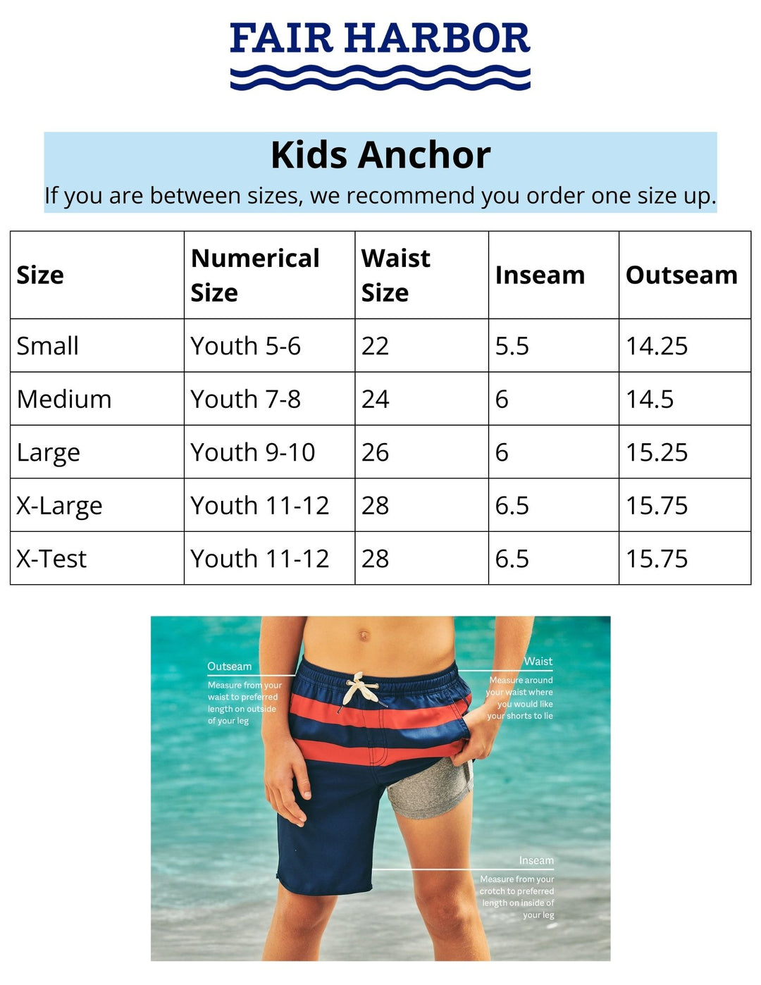 Fair Harbor size chart, Kids Anchor Trunk