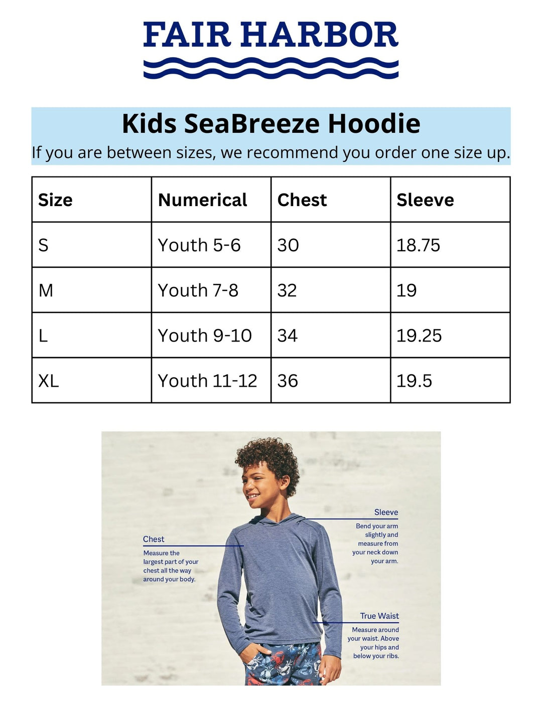 Fair Harbor size chart, Kids SeaBreeze Hoodie