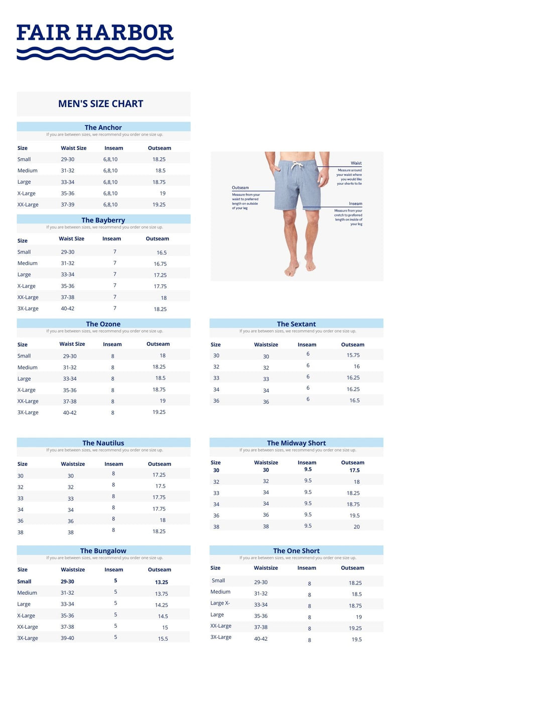 Fair Harbor Men's size chart, swim shorts