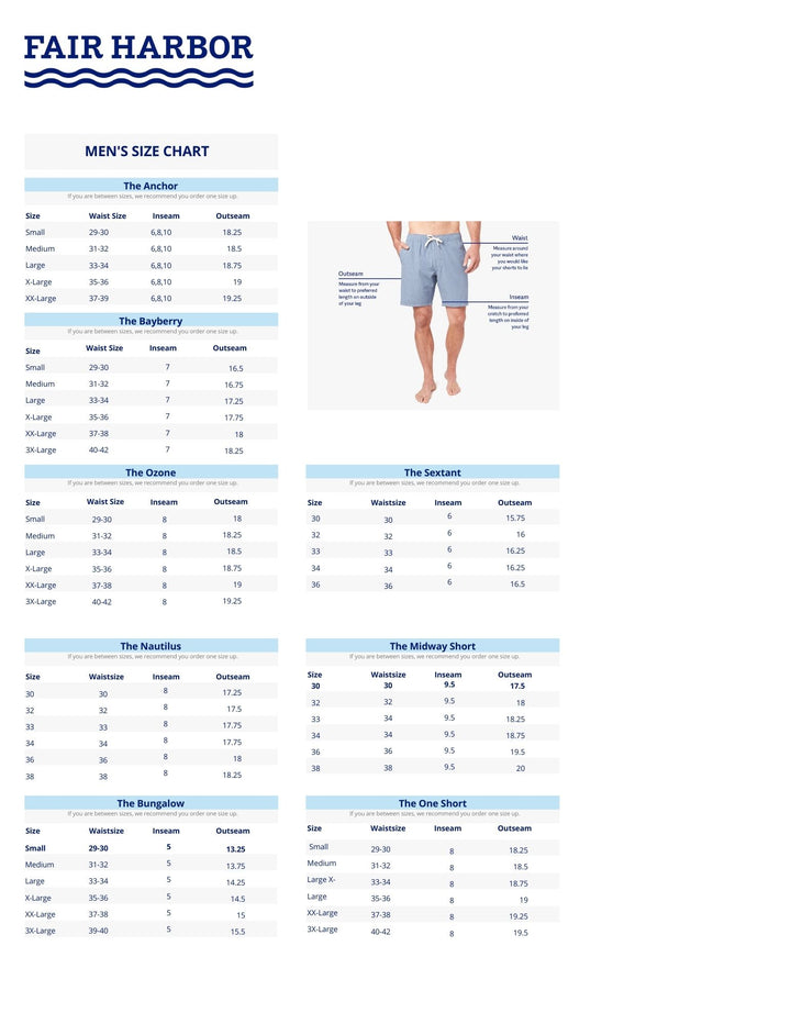 Fair Harbor Men's size chart, swim shorts