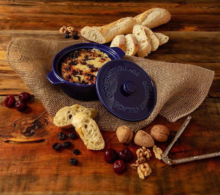 GOURMET DU VILLAGE- NAVY BLUE CERAMIC BAKER GIFT SET WITH CHERRY WALNUT BRIE TOPPING