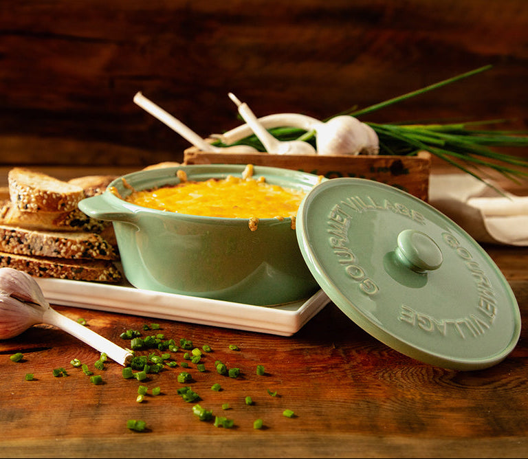 GOURMET DU VILLAGE- SAGE GREEN CERAMIC BAKER GIFT SET WITH GARLIC BREAD DIP