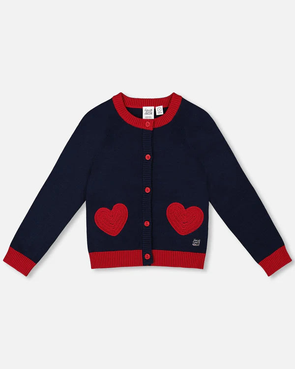 DEUX PAR DEUX- KIDS' NAVY BLUE WITH RED EMBROIDERED HEARTS KNITTED CARDIGAN SWEATER