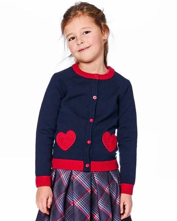 DEUX PAR DEUX- KIDS' NAVY BLUE WITH RED EMBROIDERED HEARTS KNITTED CARDIGAN SWEATER