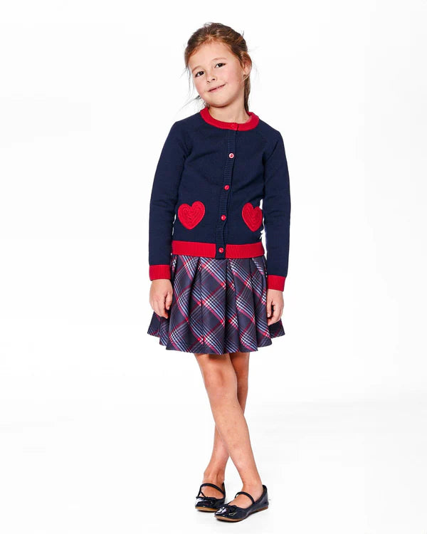DEUX PAR DEUX- KIDS' NAVY BLUE WITH RED EMBROIDERED HEARTS KNITTED CARDIGAN SWEATER
