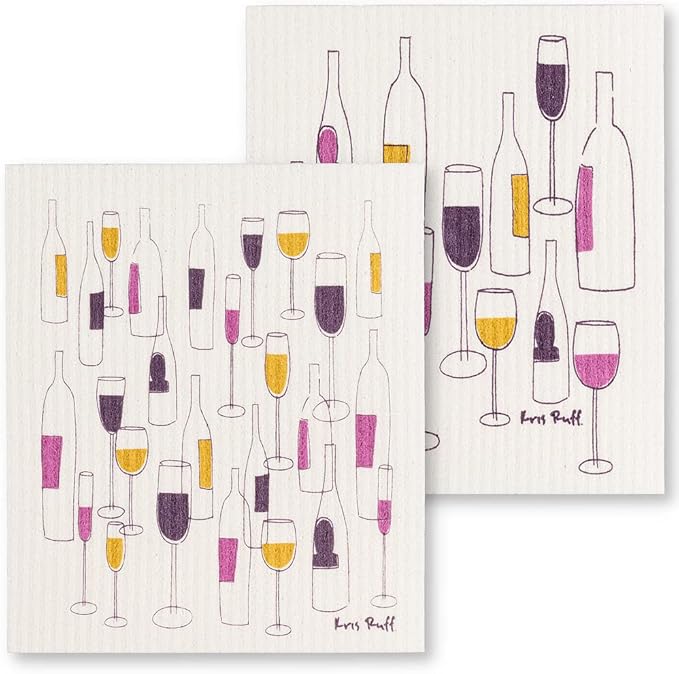 Abbott - S/2 Wine Bottles & Glasses Dishcloths-6.5x8"L