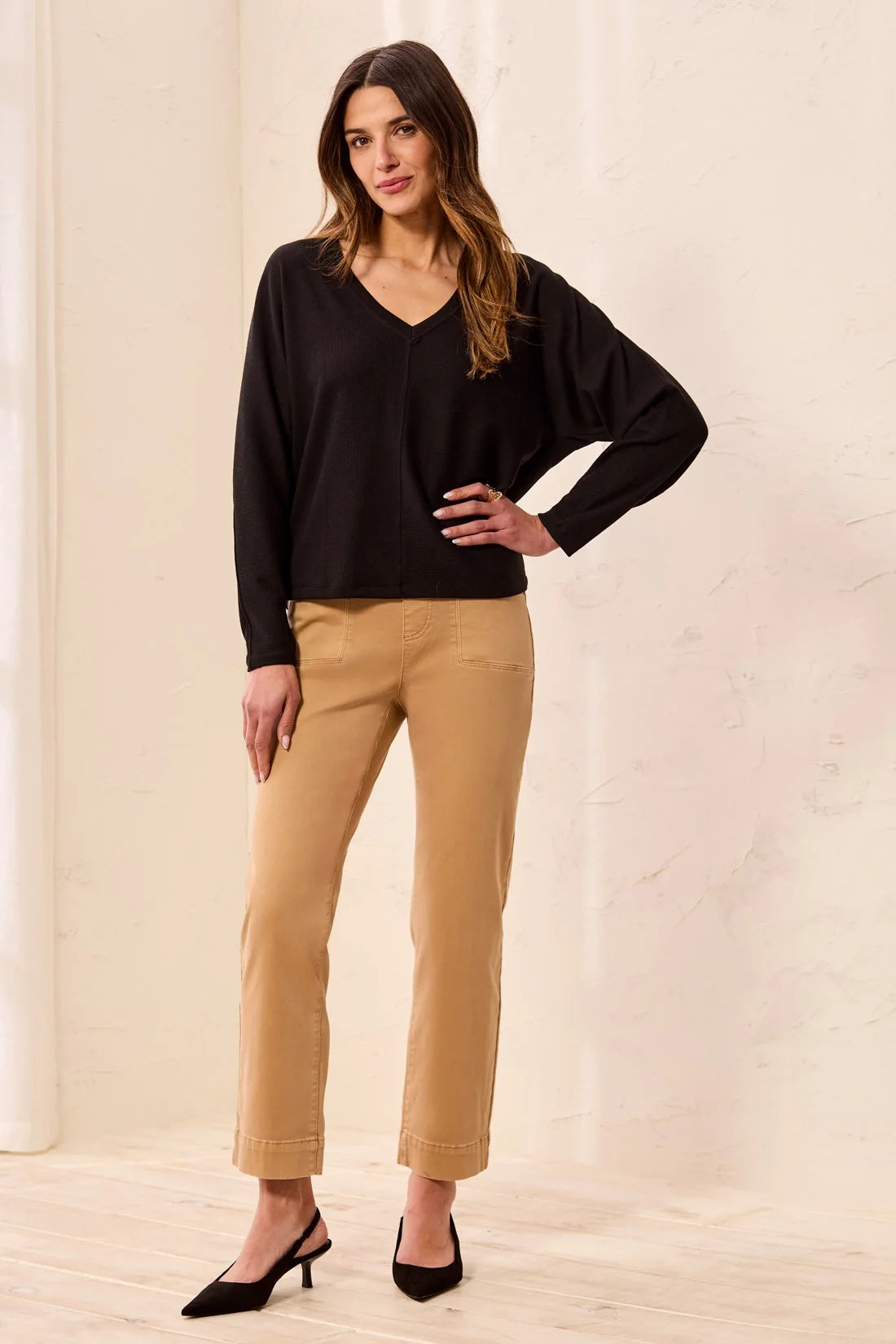 TRIBAL - LONG SLEEVE DOLMAN V-NECK TOP-BLACK
