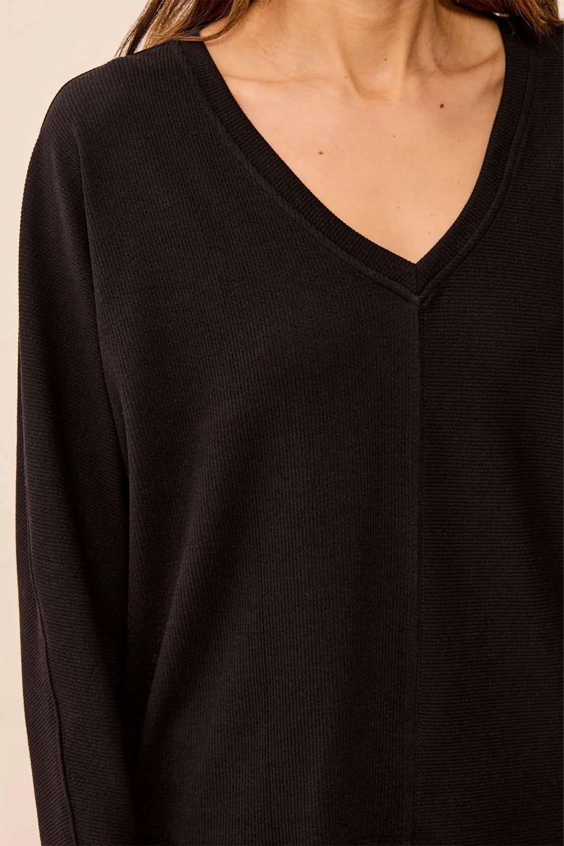 TRIBAL - LONG SLEEVE DOLMAN V-NECK TOP-BLACK