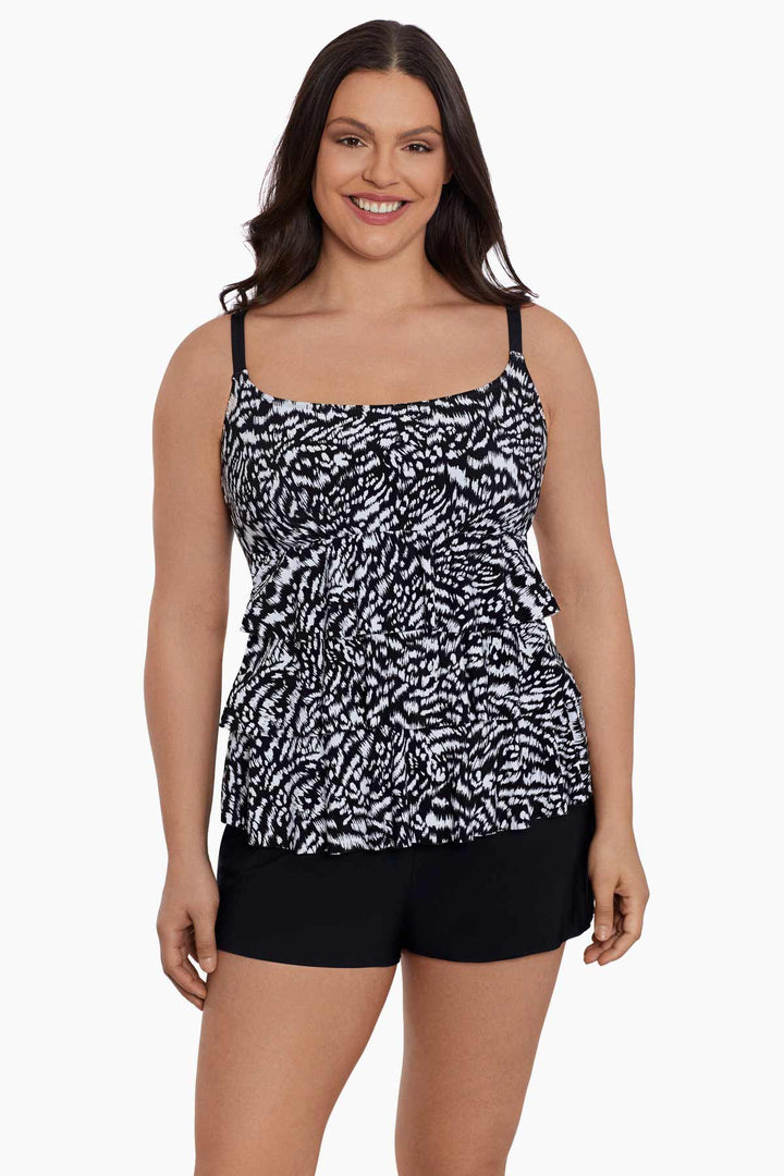 LONGITUDE- Ruffle Faux Shortini W/ Pockets Long Torso One Piece Swimsuit