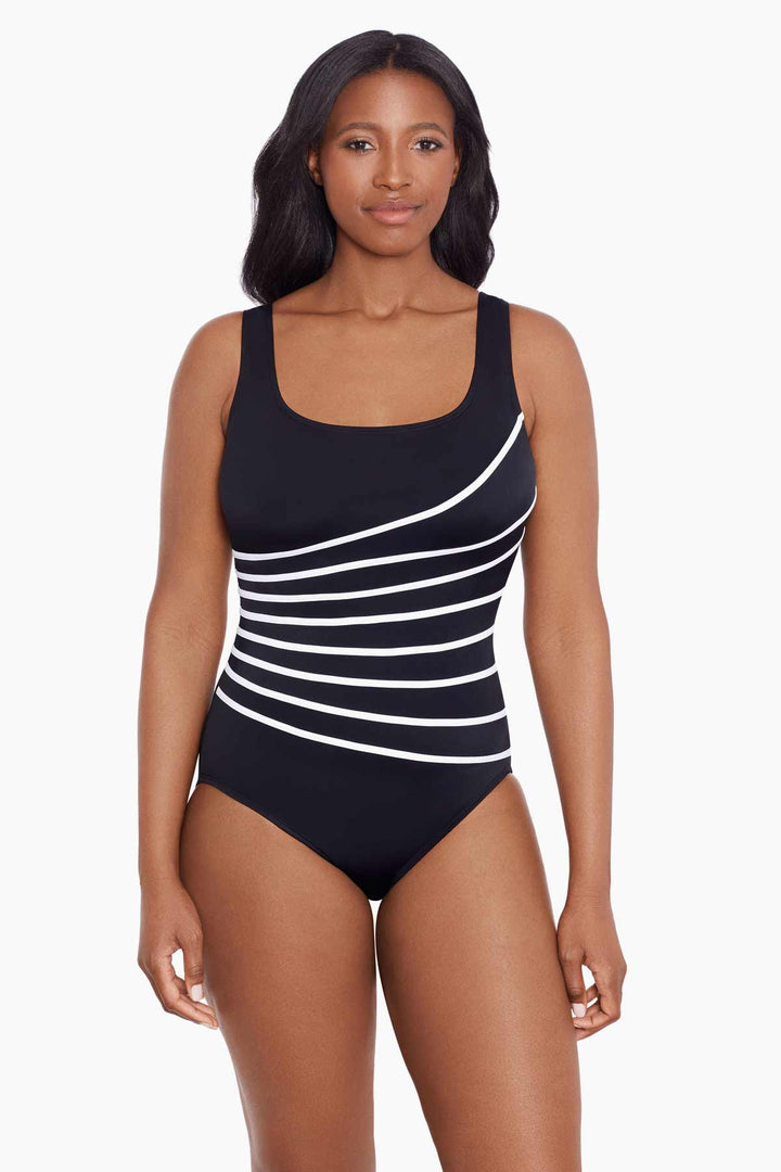 LONGITUDE- 8 Overlay Fan Tank Long Torso One Piece Swimsuit