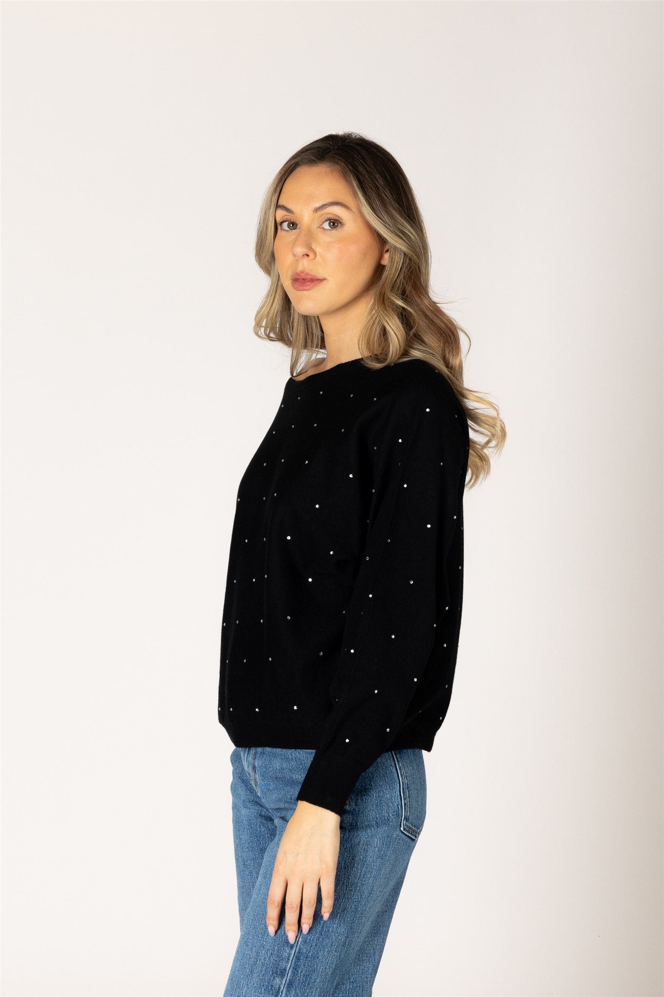 LYLA & LUXE - NOBUCRYSTL LIGHTWEIGHT OFF SHOULDER GEM SWEATER
