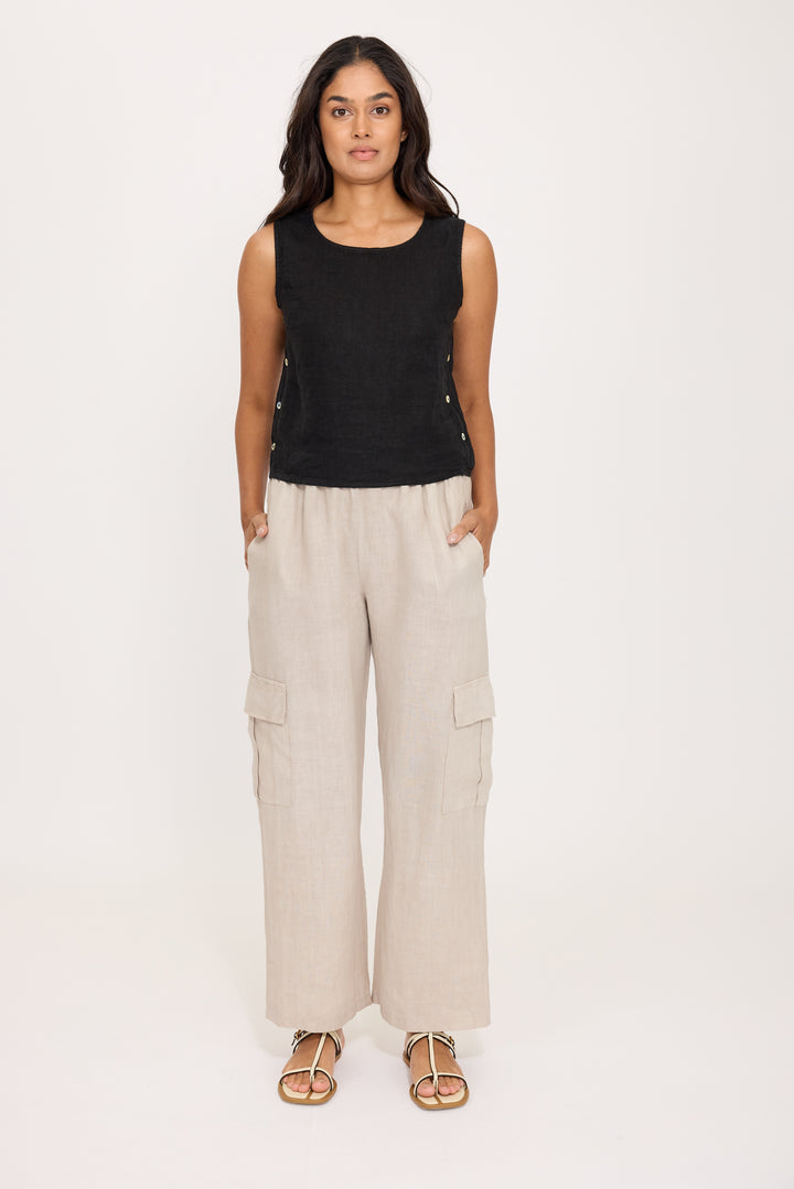 PISTACHE  - SLEEVELESS LINEN TOP W/ BUTTON SIDES R-03091