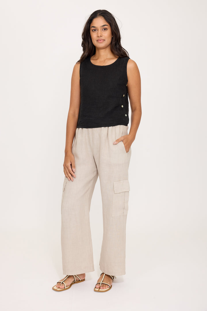 PISTACHE  - SLEEVELESS LINEN TOP W/ BUTTON SIDES R-03091