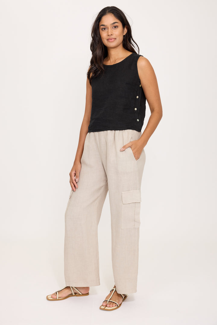 PISTACHE  - SLEEVELESS LINEN TOP W/ BUTTON SIDES R-03091