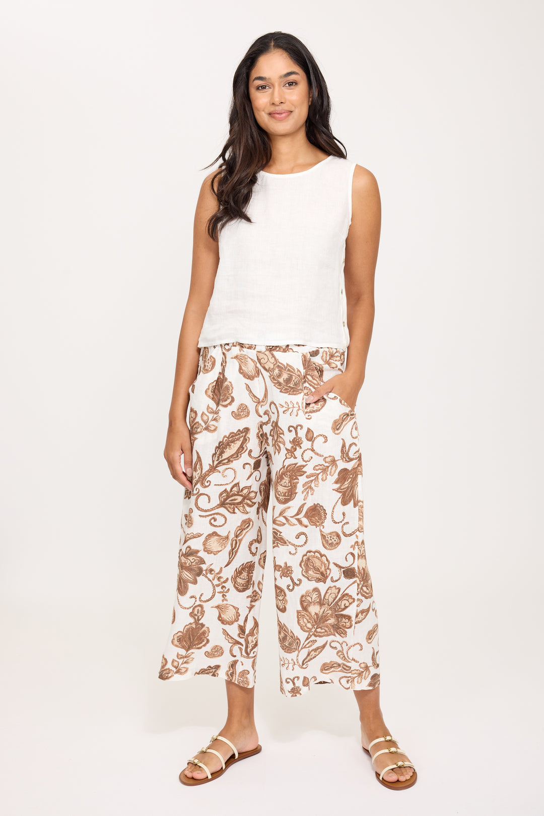 PISTACHE  - SLEEVELESS LINEN TOP W/ BUTTON SIDES R-03091