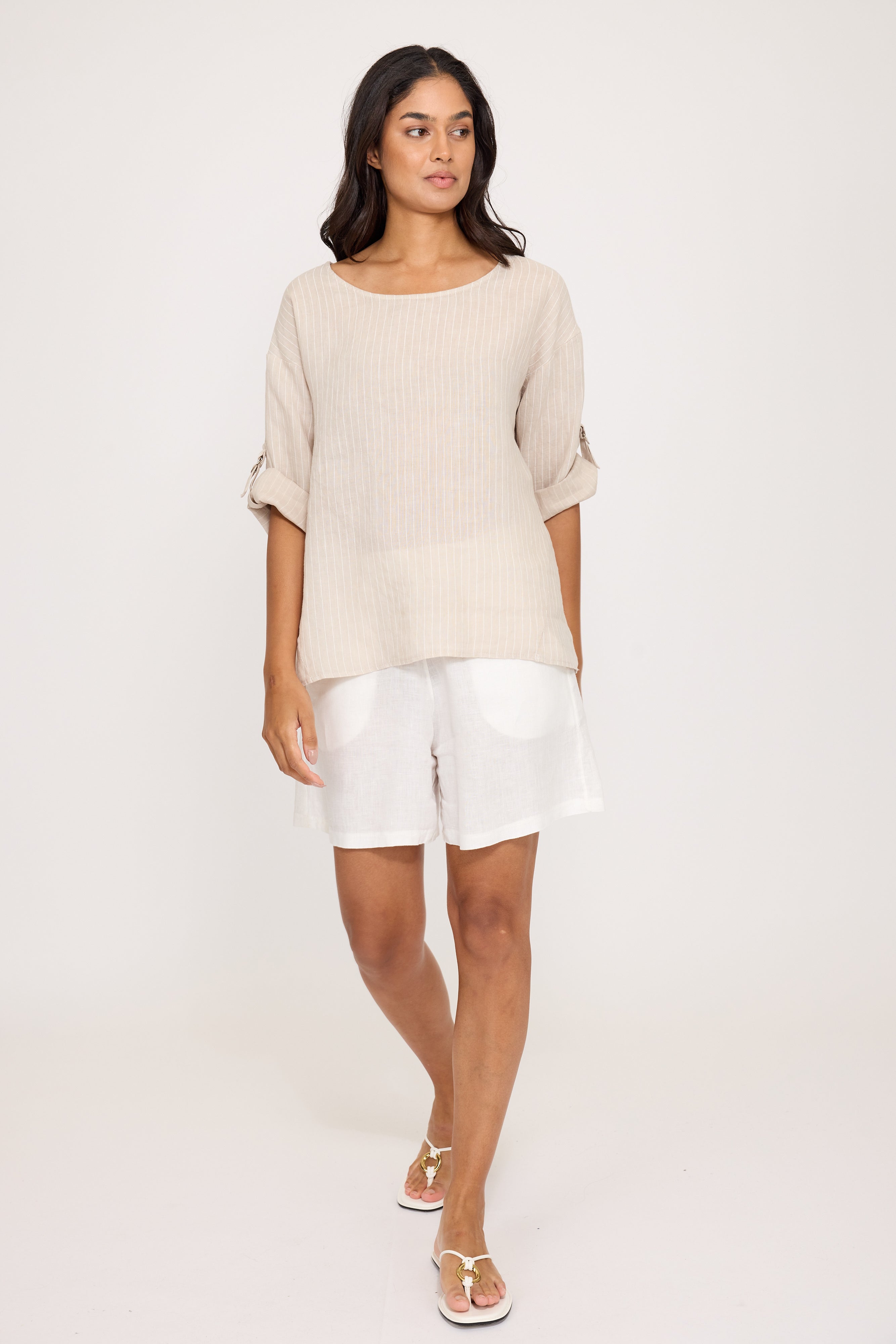 PISTACHE  - PINSTRIPED LINEN TOP W/ ROLLED UP CLASP SLEEVE R-0334-S