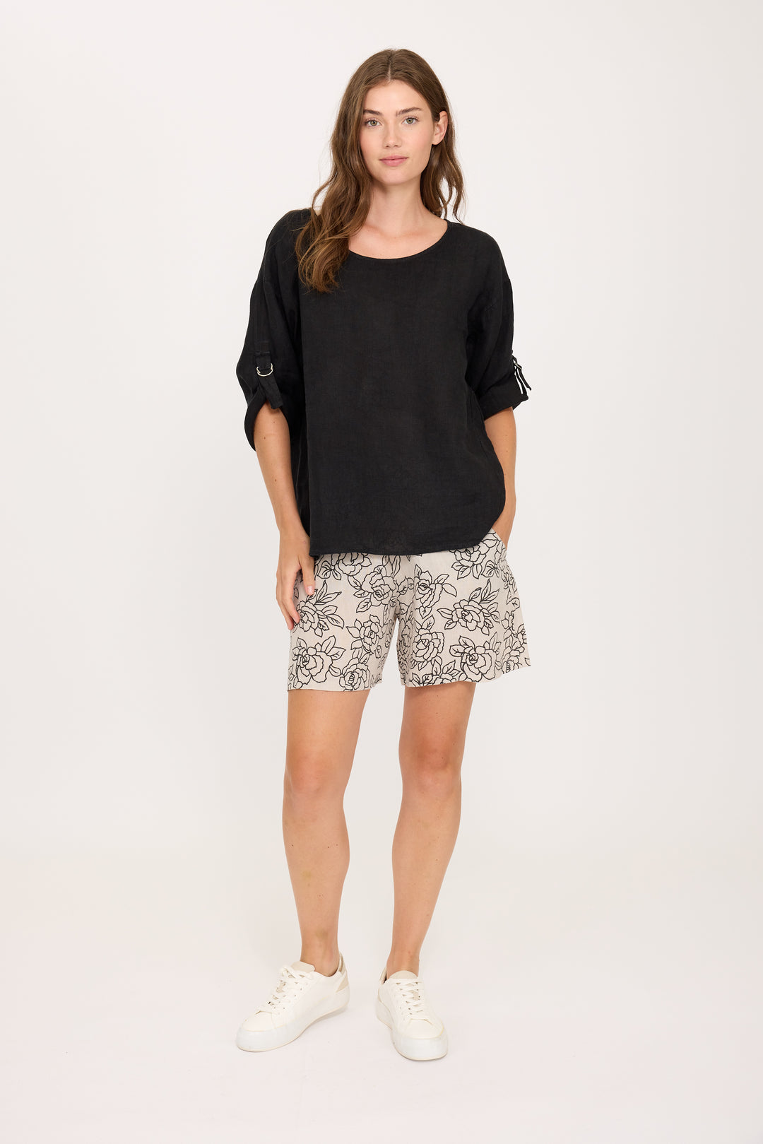 PISTACHE  - LINEN TOP W/ ROLLED UP CLASP SLEEVE R-0334