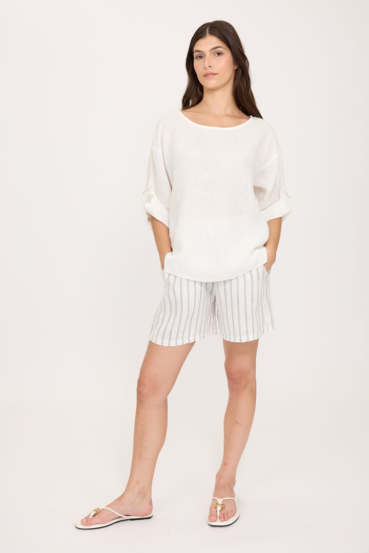 PISTACHE  - LINEN TOP W/ ROLLED UP CLASP SLEEVE R-0334
