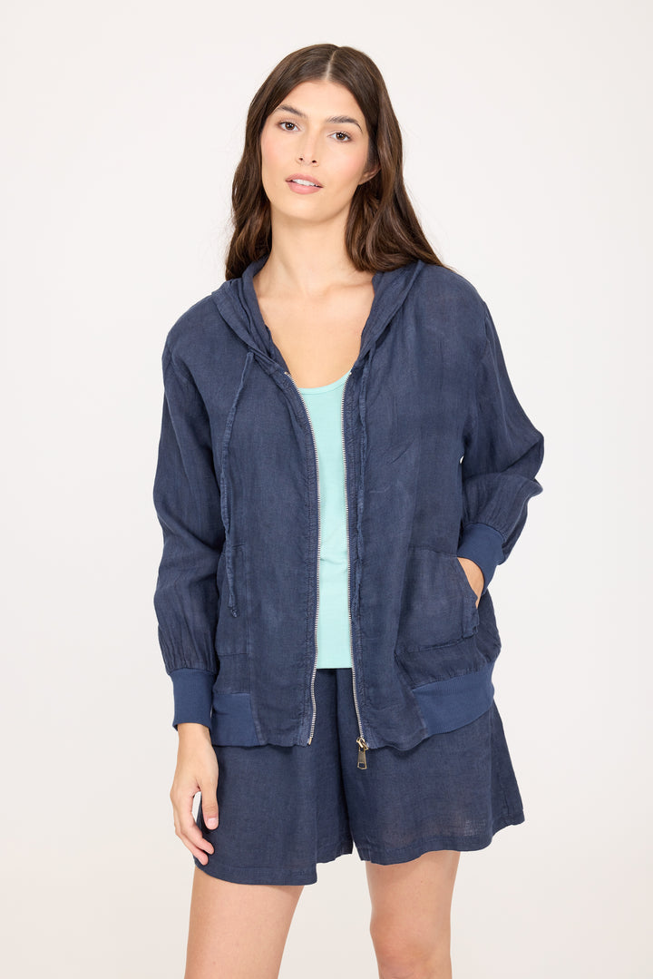 PISTACHE - LINEN HOODED JACKET W/ COTTON TRIM