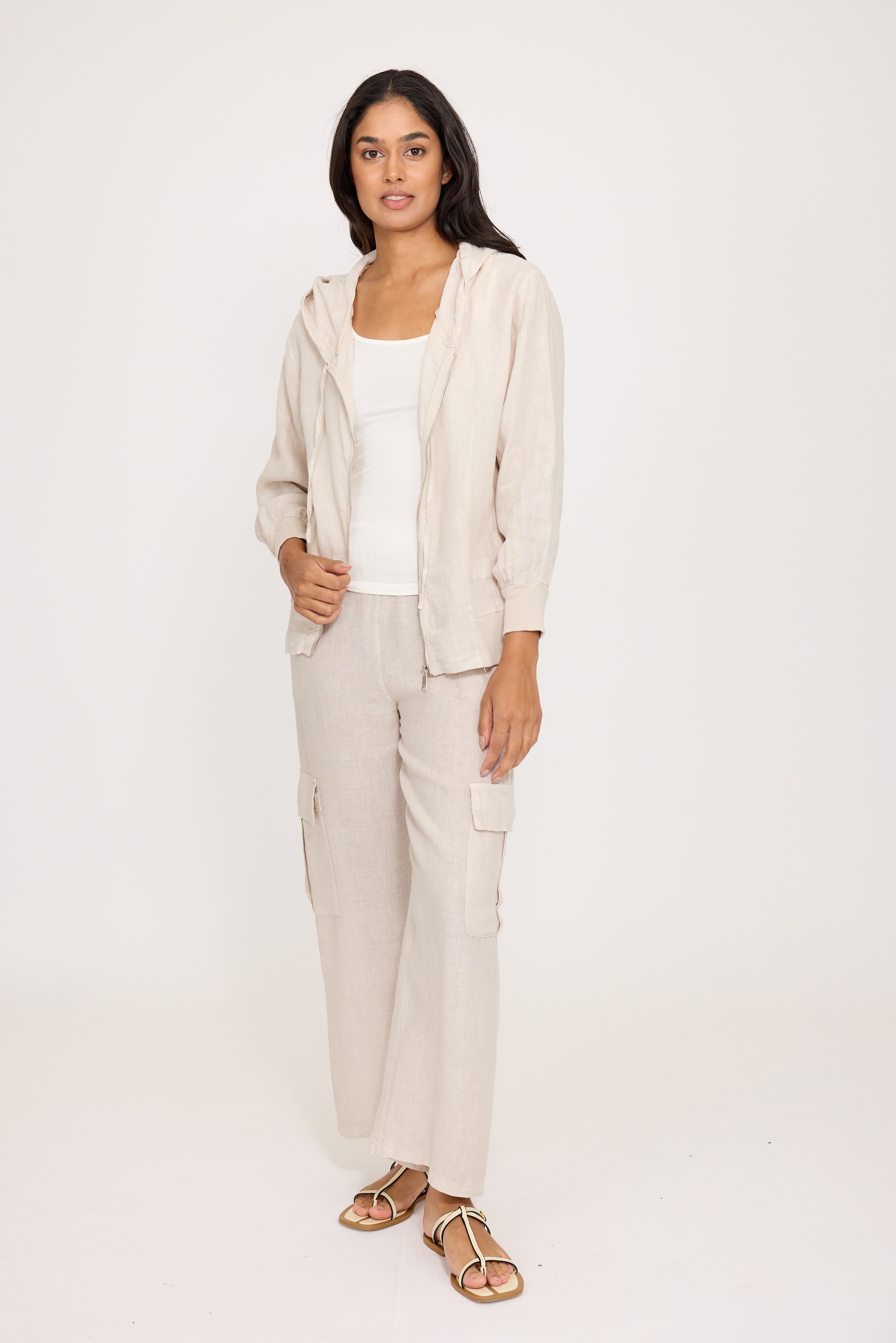 PISTACHE  - LINEN HOODED JACKET W/ COTTON TRIM R-0336