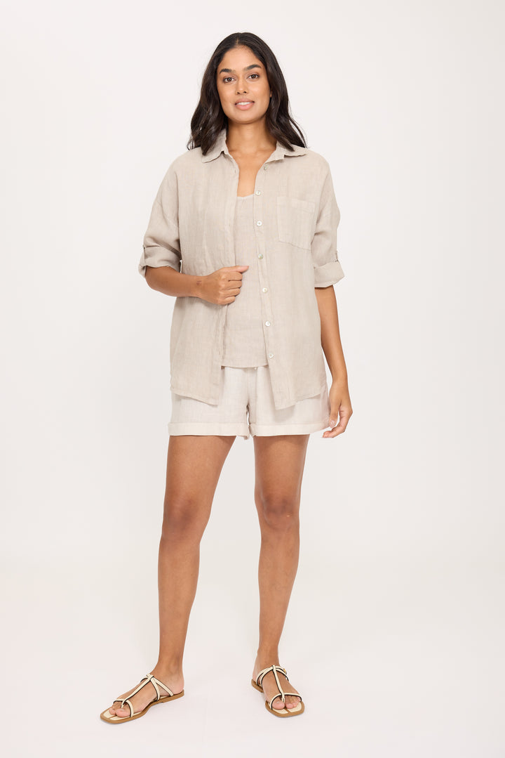 PISTACHE  - ONE POCKET LOOSE LINEN BLOUSE R-0361
