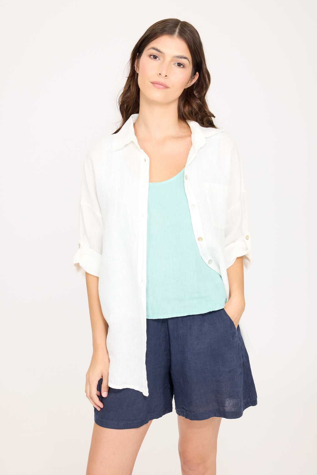 PISTACHE  - ONE POCKET LOOSE LINEN BLOUSE R-0361